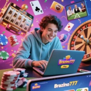 Jogador no notebook curtindo Brazino777 jogo online
